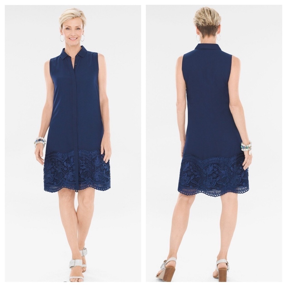 Chico's Embroidered Lace-Hem Dress sz: 4 Small Blue Loose Fit Flowy Sleeveless